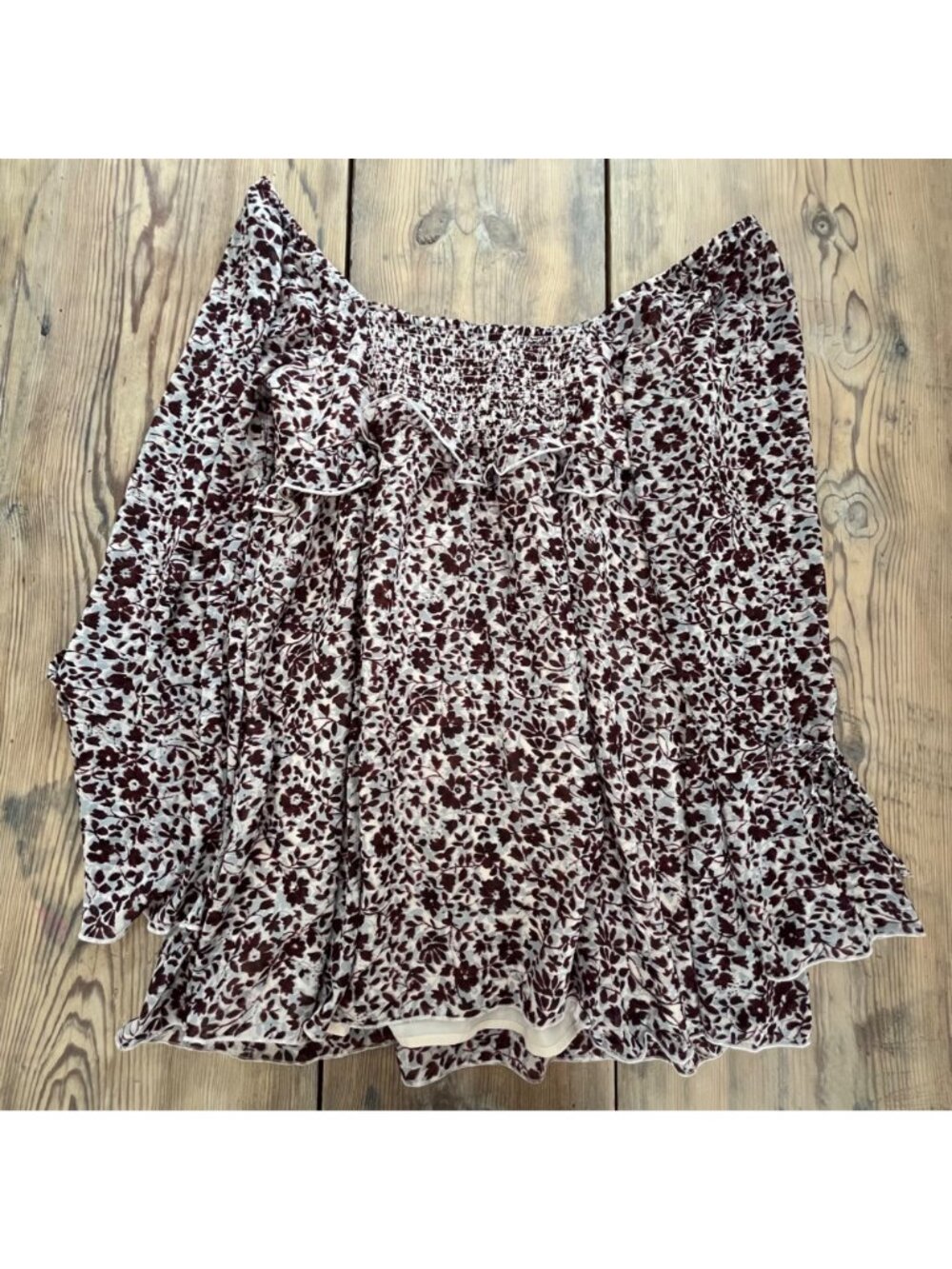 American Eagle Outfitters Babydoll Dress Womens L Brown  Print Chiffon Ruched - Picture 5 of 8